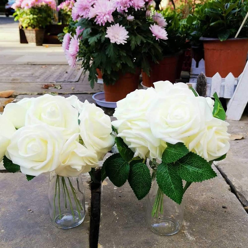Bodosac Awtlife 50 pcs Artificial Flower Rose and 15 Artificial Leaf for DIY Bouquets Wedding Party Baby Shower Home Decor - Image 2
